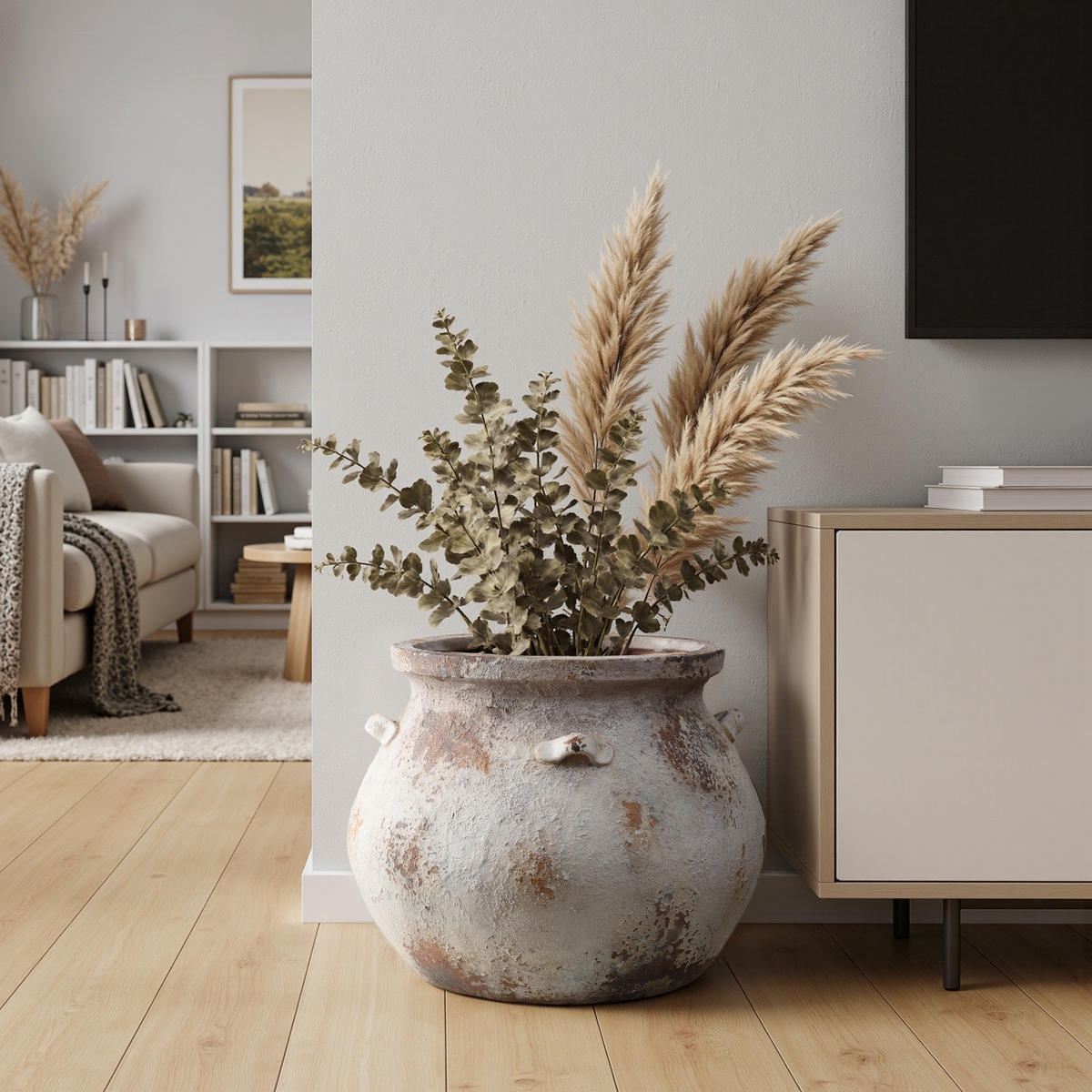 BLUMENTOPF altweiß, Ø 37 × H 31 cm - Weiß, Naturmaterialien (27cm) - Hometopia