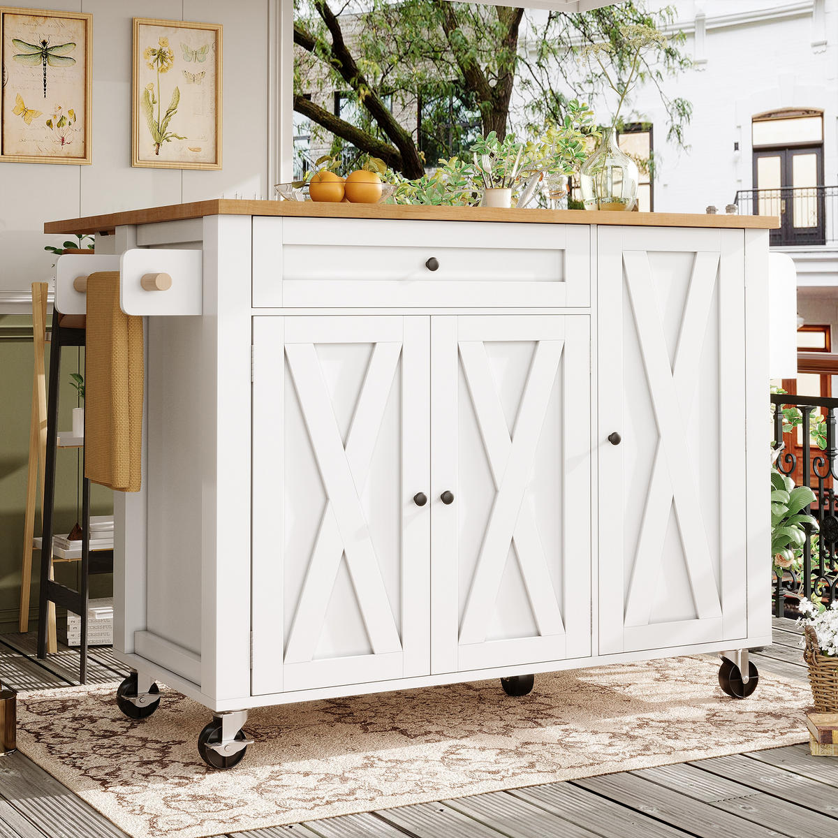 KÜCHENINSEL faltbar 99x70x90cm Weiß mit Schublade & 3 Türen - Weiß, Holzwerkstoff (99/90/70cm) - Modfu