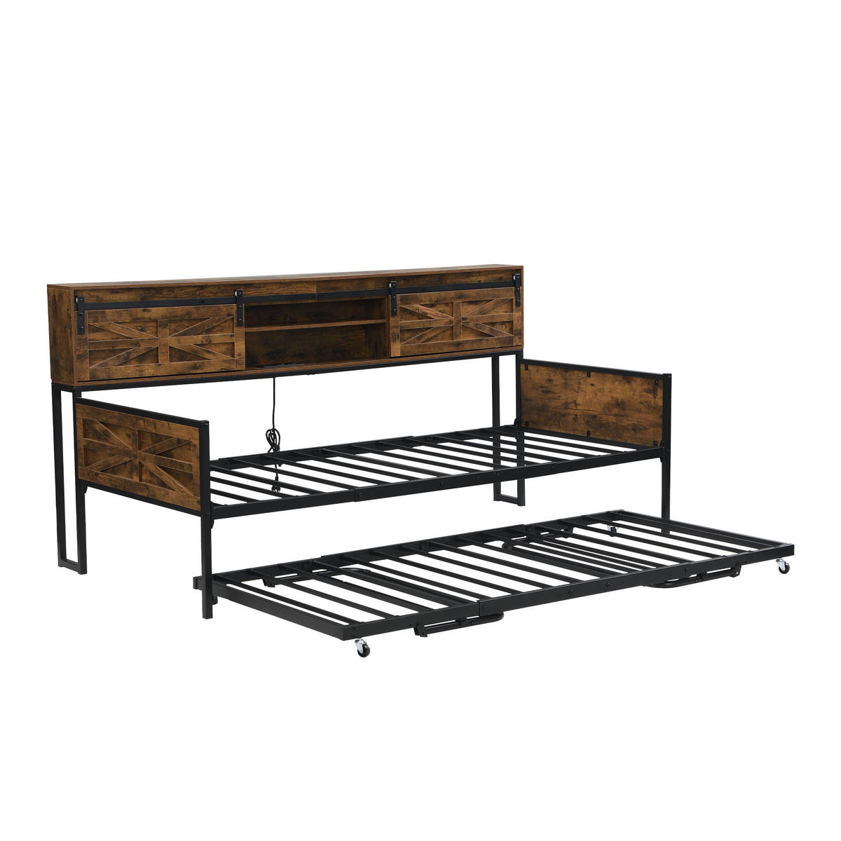 BETT Eisen 90/200 cm mit multifunktionalen Steckdosen und Stauraum Schwarz + Braun - Hellbraun, Holz (90/200cm) - OKWISH