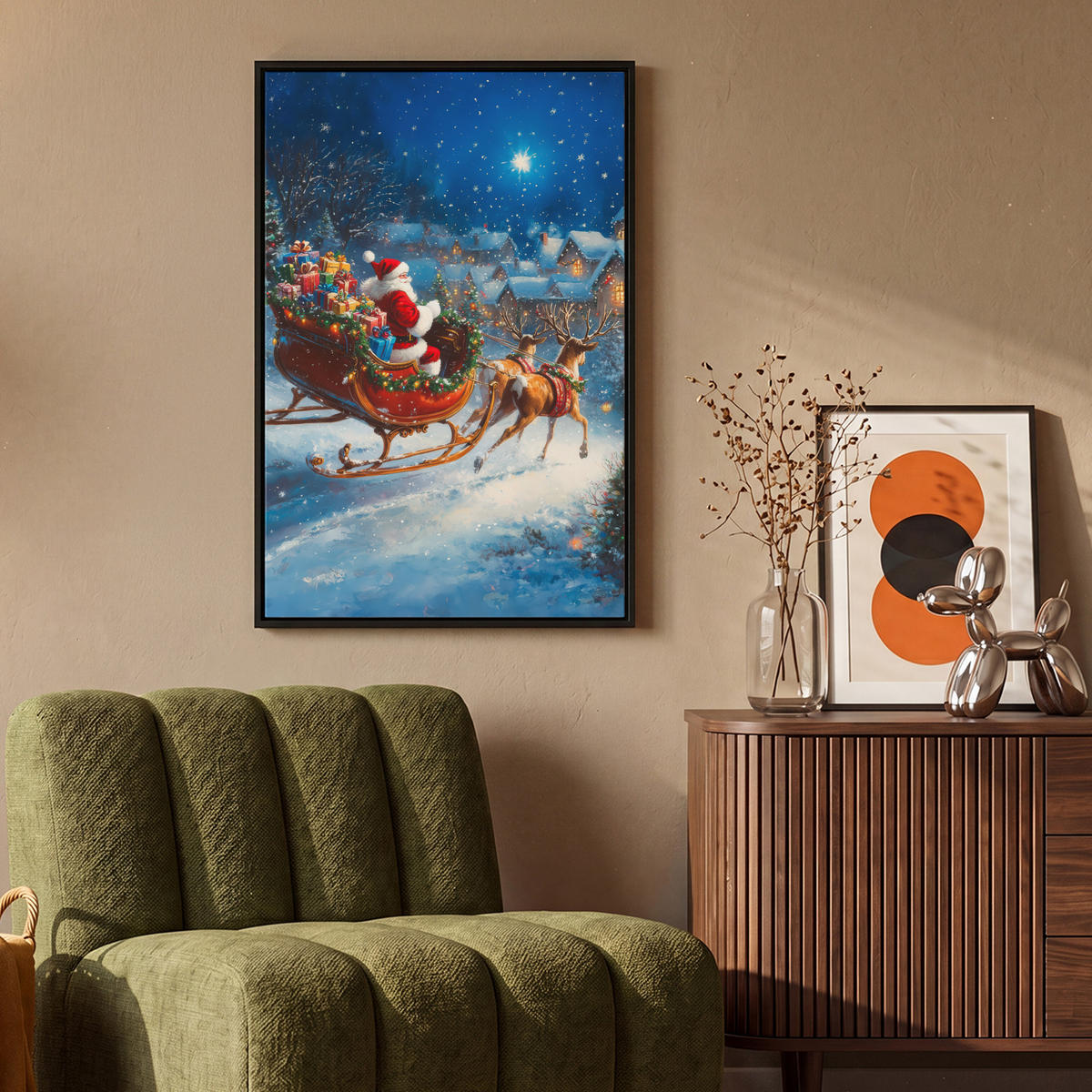 LEINWAND Bilder mit Rahmen - Weihnachtsmann - Rentier - Weihnachten - Schnee - 60x90 - Cognac, Textil (60/90cm) - MuchoWow