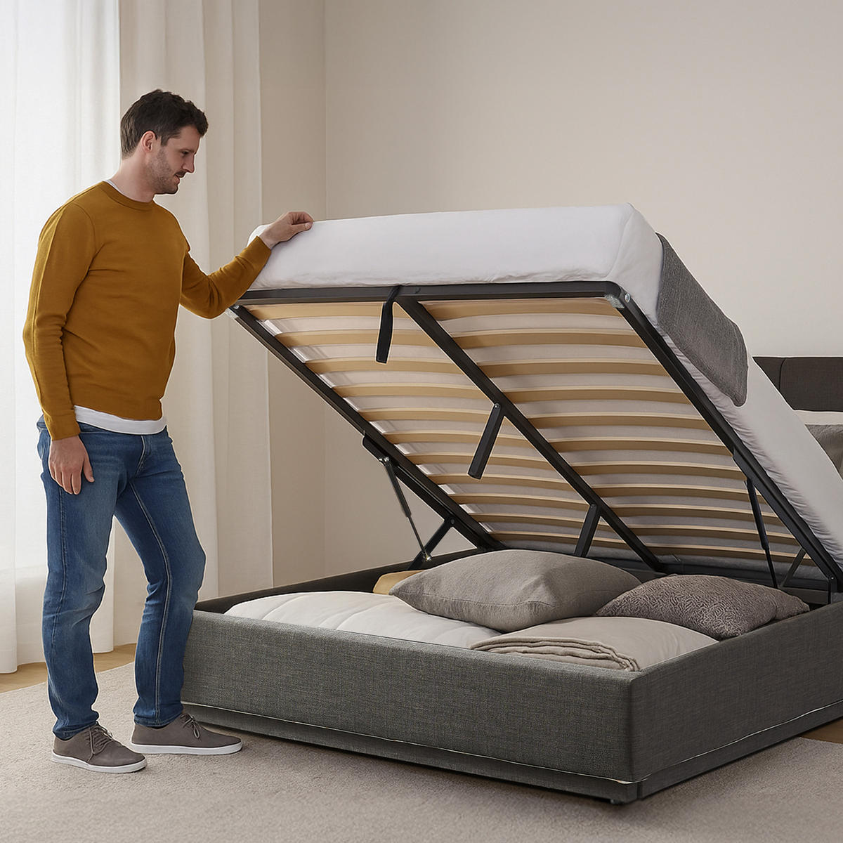 LED ČALOUNĚNÁ POSTEL Tröstiar - černá, kov/kompozitní dřevo (160/200cm) - [en.casa]