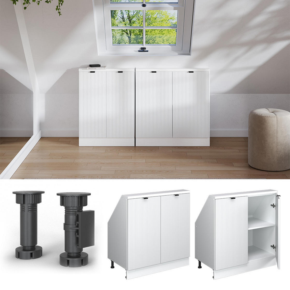 DACHSCHRÄGENSCHRANK Rion Weiß Riffel 80 x 81.6 cm mit 2 Türen - Weiß, Holzwerkstoff (80/81.6/46cm) - Vicco