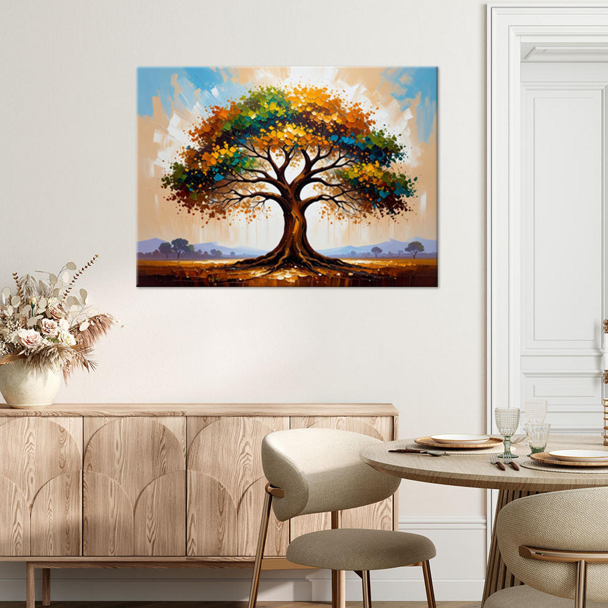 LEINWANDBILD Bunter Baum des Lebens gemaltes Landschaftsbild 100x70cm - Multicolor, Textil (100/70cm) - Feeby