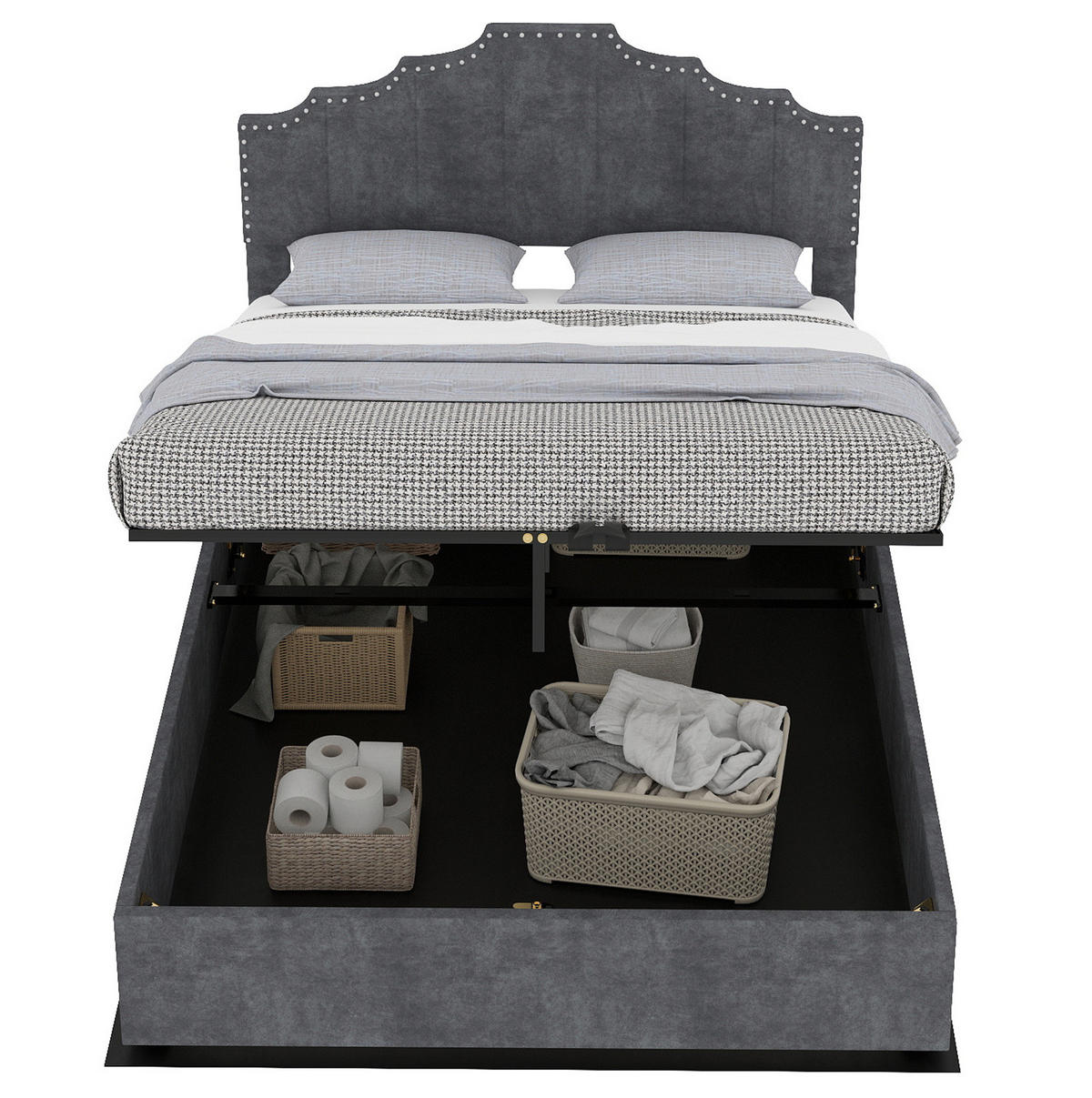 POLSTERBETT 160/200 cm grau aus Stoff und Metall mit Stauraum - Grau, Textil (160/200cm) - OKWISH