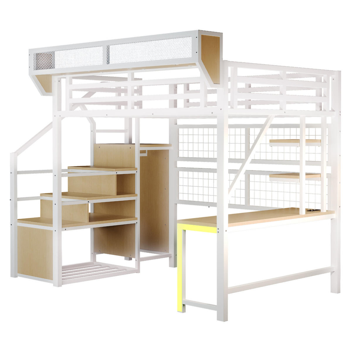VISOKA postelja 140/200 cm bela z mizo, policami in LED osvetlitvijo iz kovine in MDF - bela, leseni material (140/200cm) - OKWISH