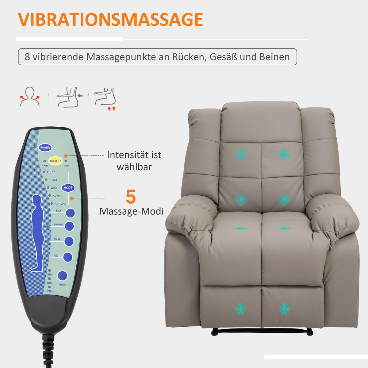 MASSAGESESSEL Elektrisch Fernsehsessel mit Liegefunktion 8 Massagepunkte Grau - Grau, Kunststoff/Metall (99/99/94cm) - HOMCOM