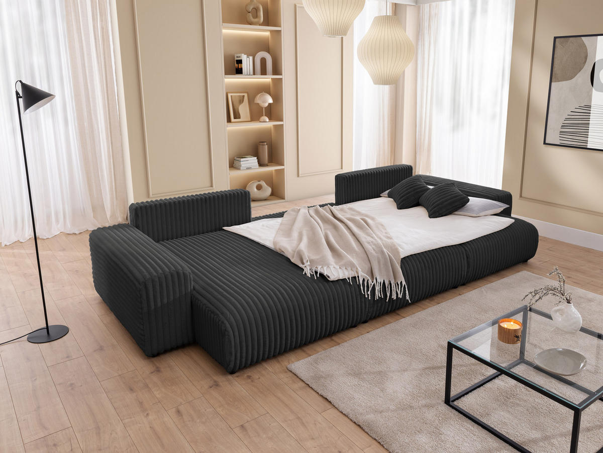 WOHNLANDSCHAFT Mollis Dunkelgrau Plüschcord mit Schlaffunktion - Dunkelgrau/Schwarz, Holz/Kunststoff (350/77/168cm) - S-Style Möbel