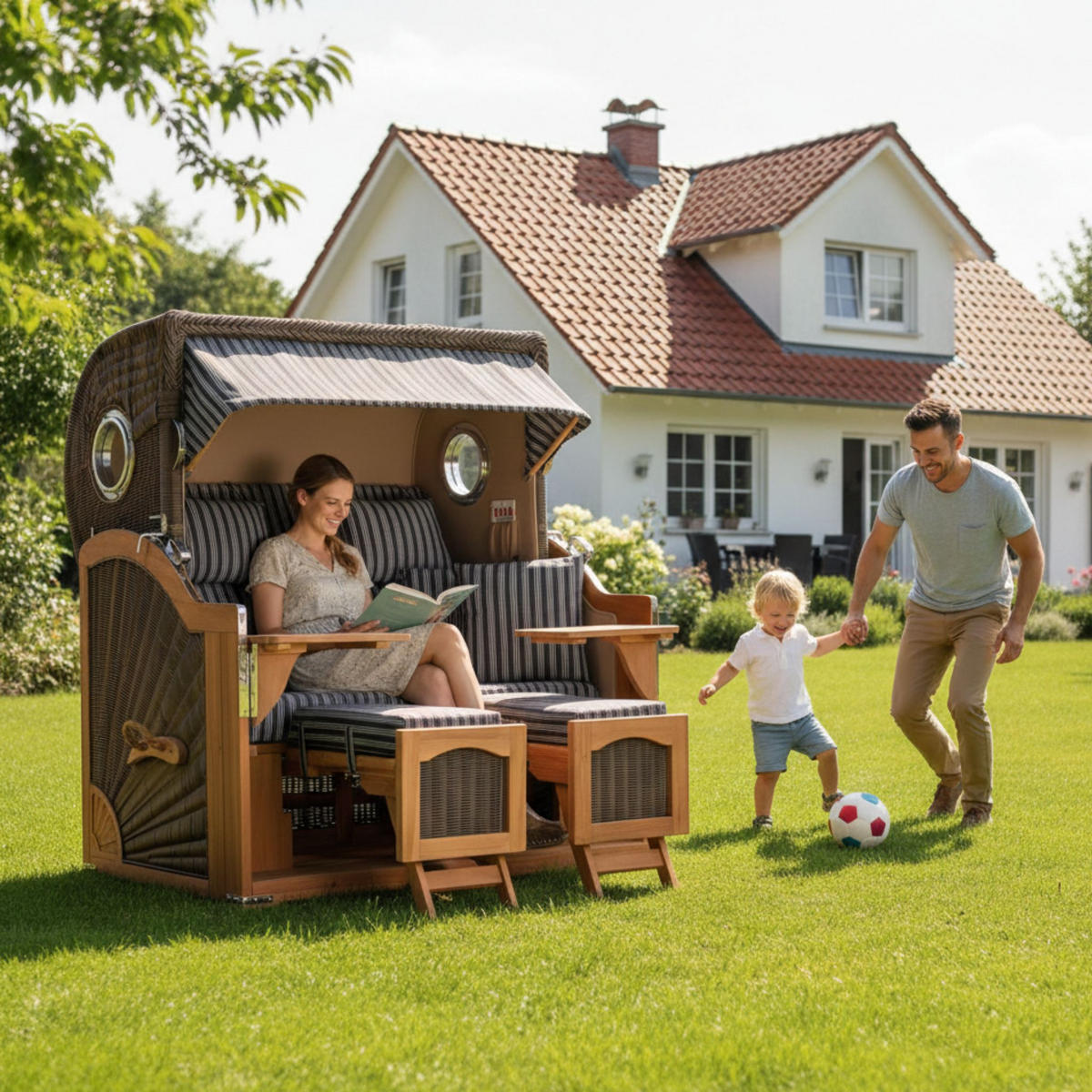 STRANDKORB Düne Grande Bullauge Teak PE Grey Dessin 500 - Braun/Grau, Metall (142/170/95cm) - Mr. Deko