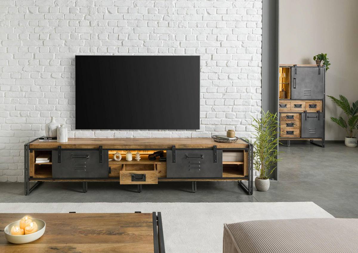TV-BOARD Mango / Altholz 260x45x55 natur / grau lackiert / Metall grau BLACKBURN LUX #554 - Naturfarben, Holz (260/55/45cm) - Massivmoebel24