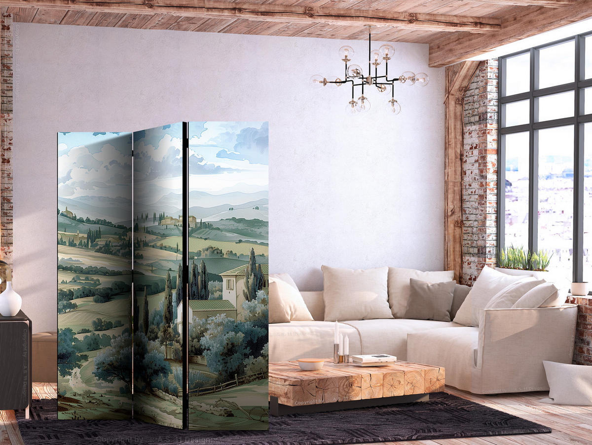 PARAVENT Einseitig Bedruckter 3-tlg 135x172 cm Toskanische Landschaft mit Zypressen - Multicolor, Holz/Textil (135/172/3cm) - Muralo