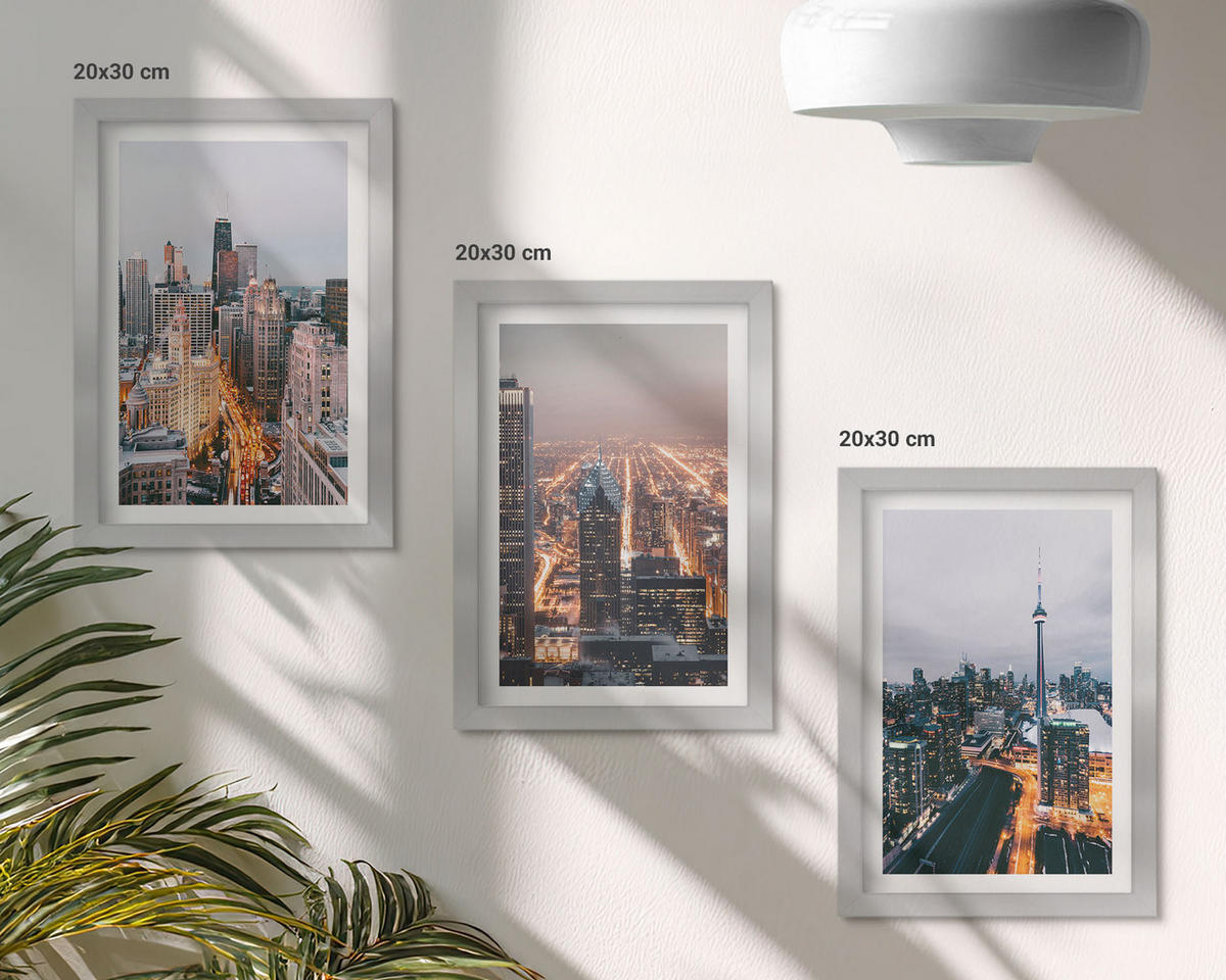 WANDBILDER 3er Set - 20x30 cm Silberner Rahmen - Städte bei Nacht, Wolkenkratzer, Lichter - Silberfarben, Kunststoff (20/30cm) - ArtPrintCave
