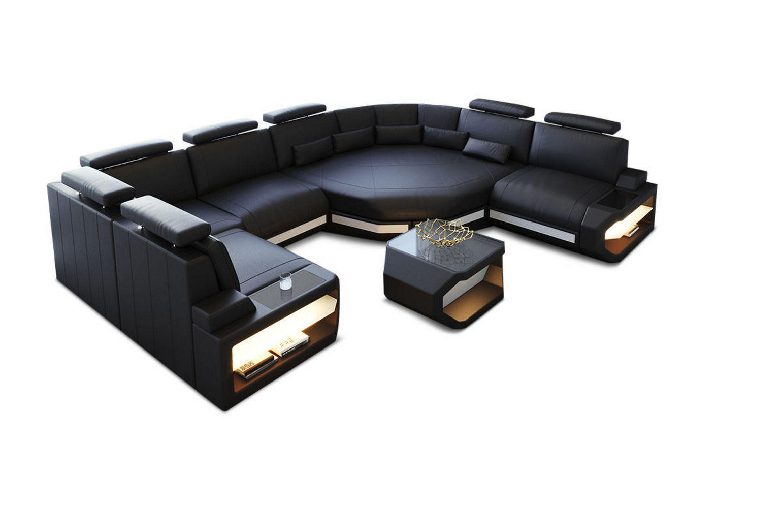 WOHNLANDSCHAFT Asti U Mini - Schwarz/Weiß, Leder (352/93/280cm) - Sofa Dreams