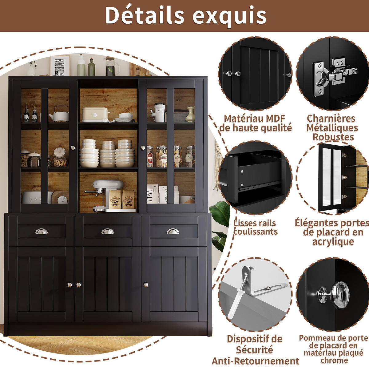 MODERNER Hochschrank mit Acryl-Türen und verstellbaren Böden, 140/38,5/175 cm, Schwarz - Schwarz, Holzwerkstoff (140/175/38.5cm) - Redom