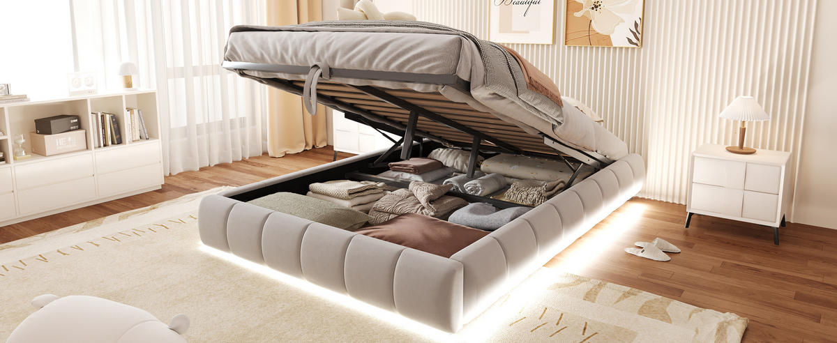 POLSTERBETT 140/200 cm in Beige mit Bettkasten und LED - Beige, Holzwerkstoff/Textil (140/200cm) - CHICFURN