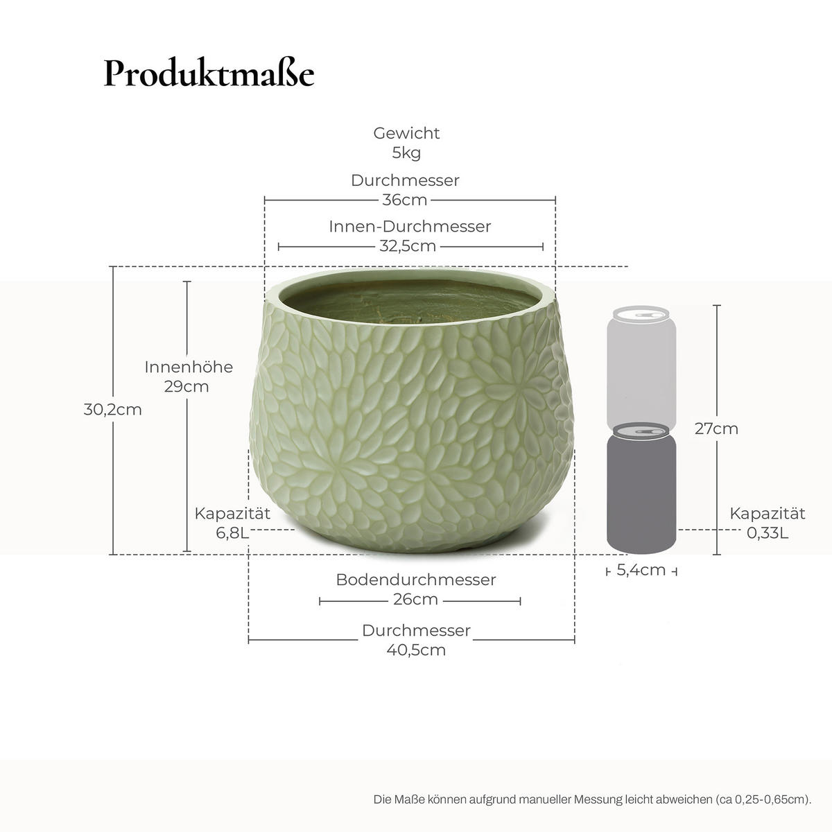 BLUMENKÜBEL,MGO,DURCHMESSER 36 cm, Höhe 30 cm - Grün, Naturmaterialien (30cm) - Hometopia