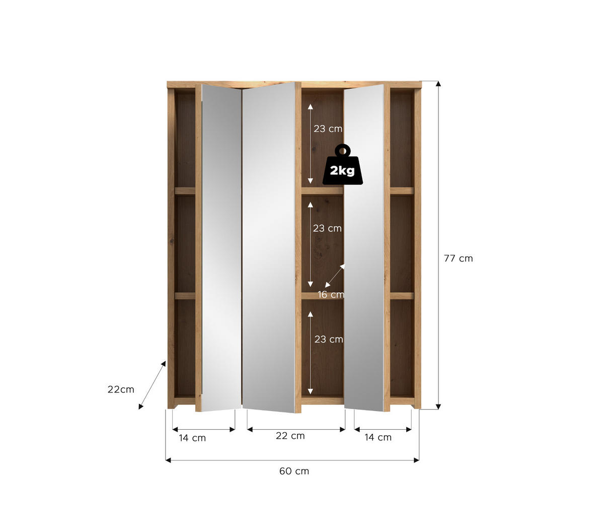 SPIEGELSCHRANK Eiche Artisan 60 x 77 cm, Badschrank 3-türig - Schwarz/Eiche Artisan, Glas/Holzwerkstoff (60/77/22cm) - Inn.Furn