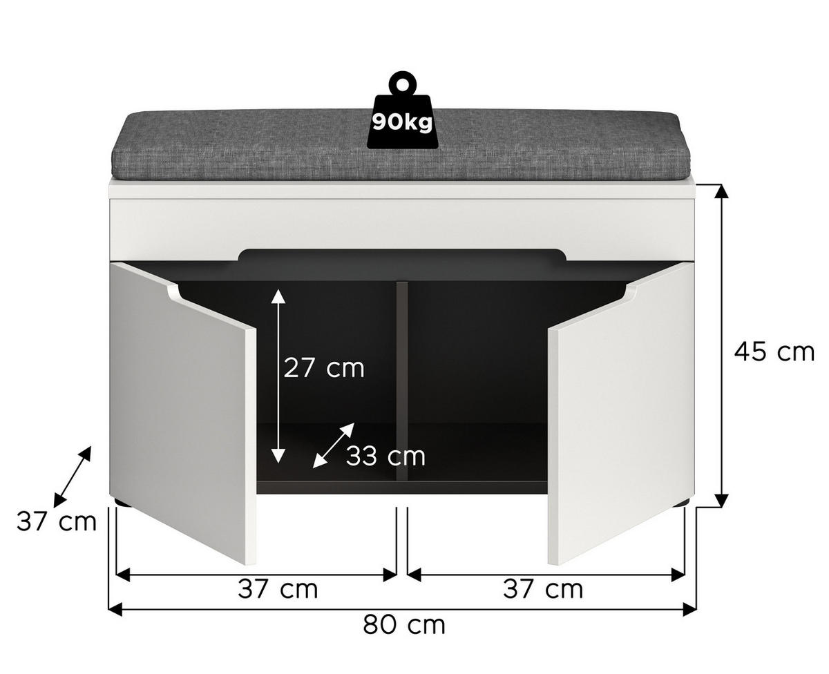SITZBANK inkl. Sitzkissen CANU (B/H/T: ca. 80/45/37 cm) in Basalt grau/weiß - Grau, Holzwerkstoff (80/45/37cm)