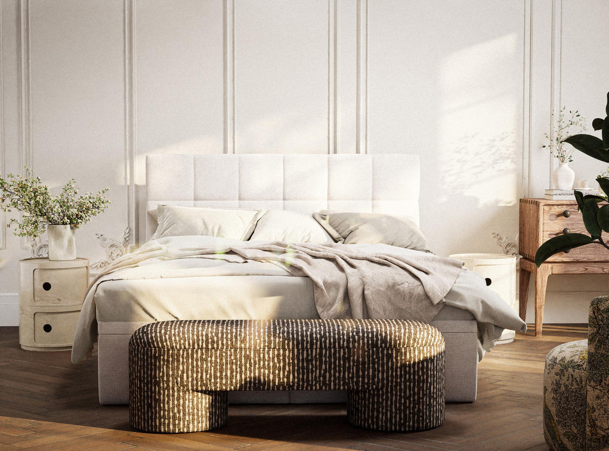 BOXBETT 140/200 cm Gotu M, in Creme, Matratze, gepolstertes Kopfteil, Bettkasten, H3 = fest - Creme/Schwarz, Holz/Holzwerkstoff (140/200cm) - Maison de Reve