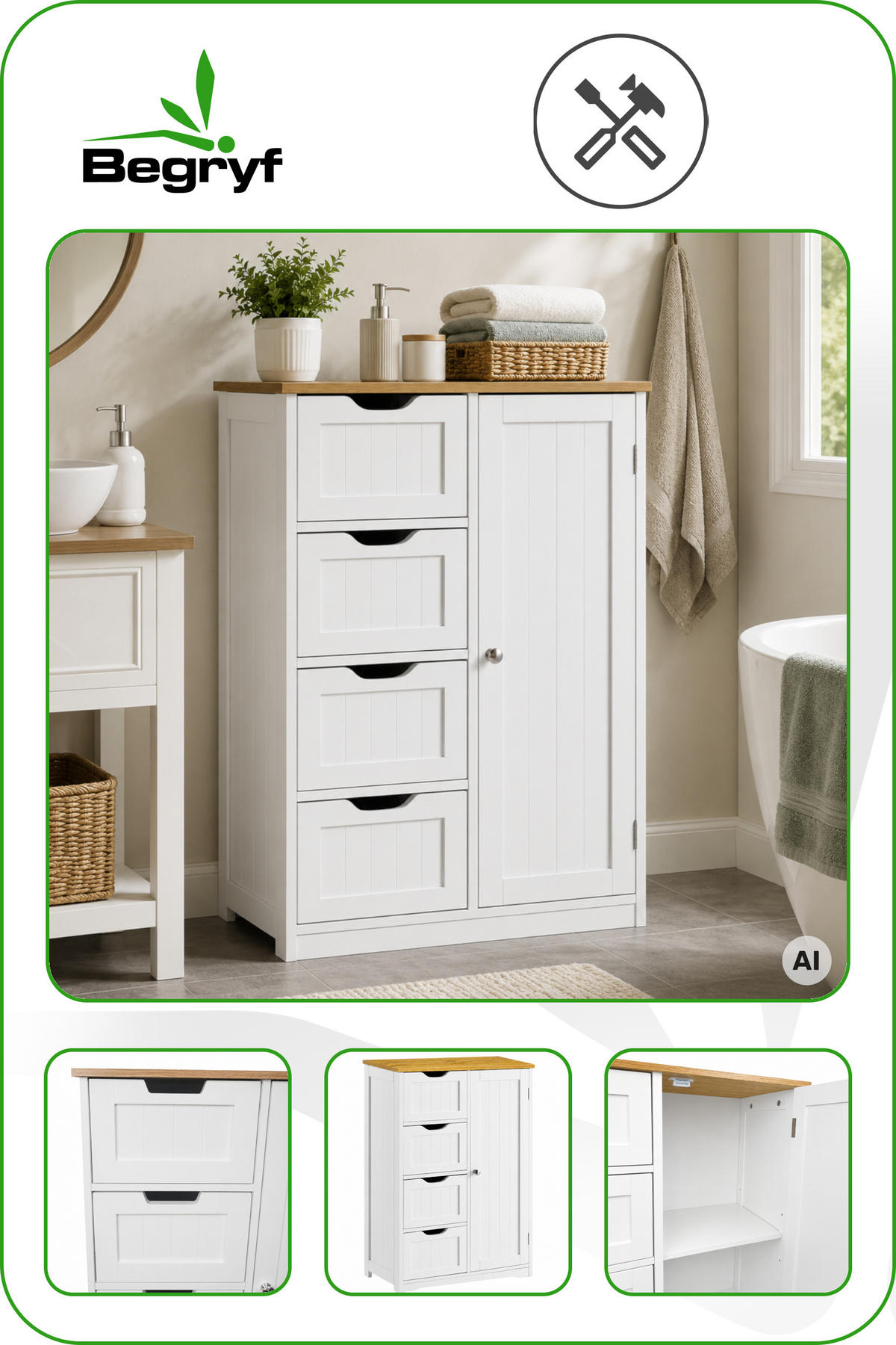 BADEZIMMERSCHRANK MDF Weiß Eiche 4 Schubladen 1 Tür 60x30x80 cm - Weiß, Holzwerkstoff (60/80/30cm) - Begryf