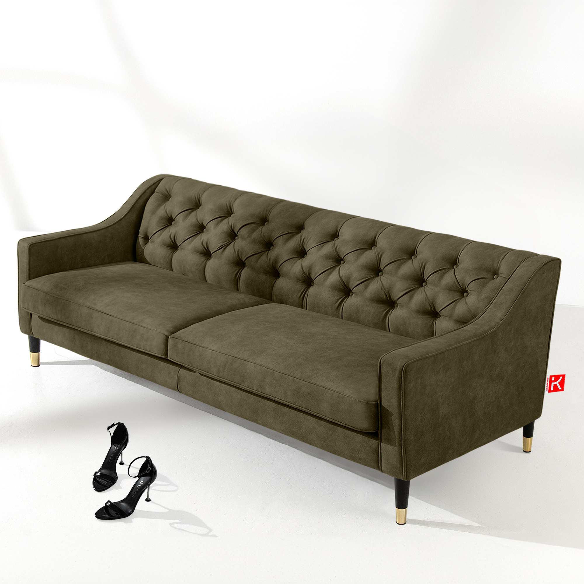 3-SITZER-SOFA NOMUS Velours, gesteppt, Olivgrün - Wengefarben/Olivgrün, Holz/Holzwerkstoff (192/78/80cm) - KONSIMO®