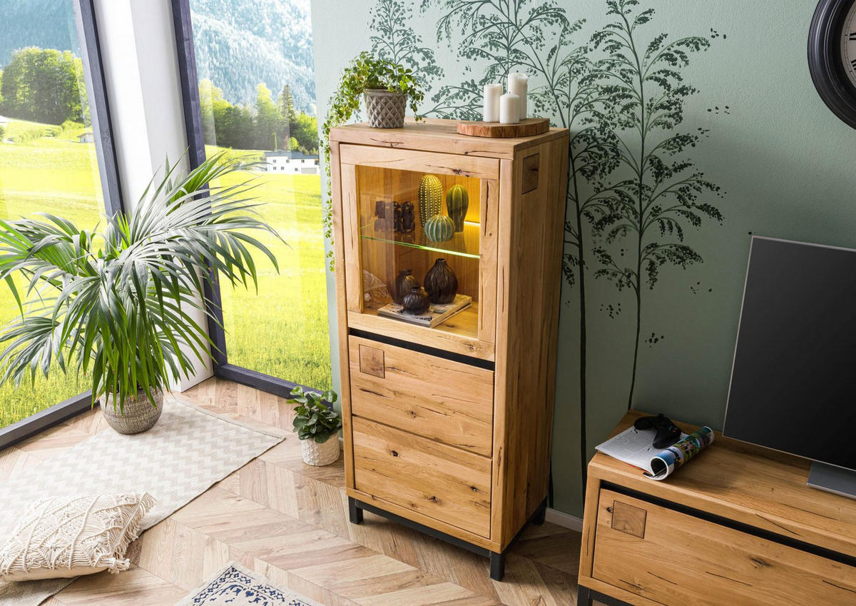 VITRINE Wildeiche 65x40x148 natur geölt VILLANDERS #104 - Braun, Holz (65/148/40cm) - Massivmoebel24