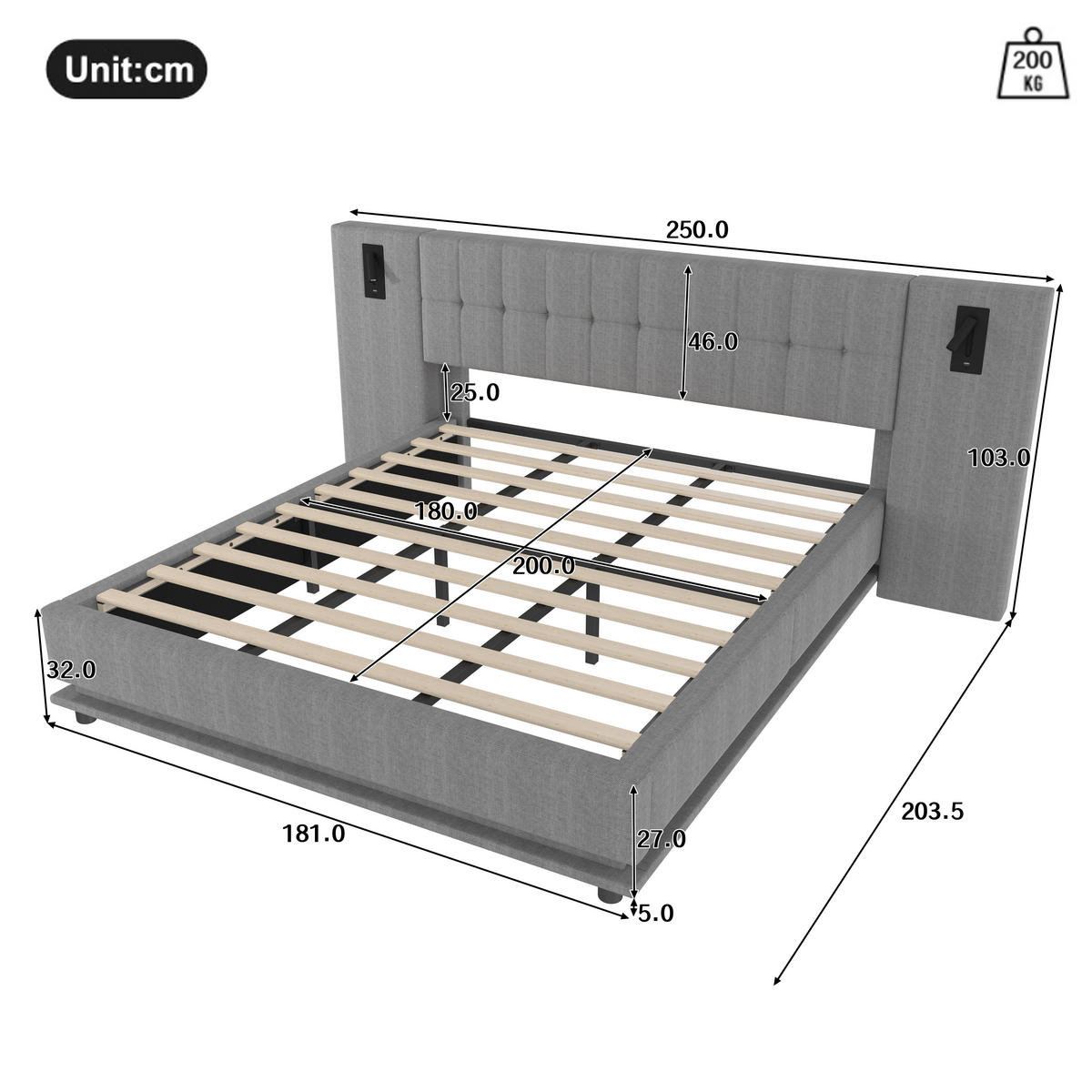 POLSTERBETT 180/200 cm Grau mit LED-Beleuchtung und USB-Anschluss aus Leinen - Grau, Textil (180/200cm) - OKWISH