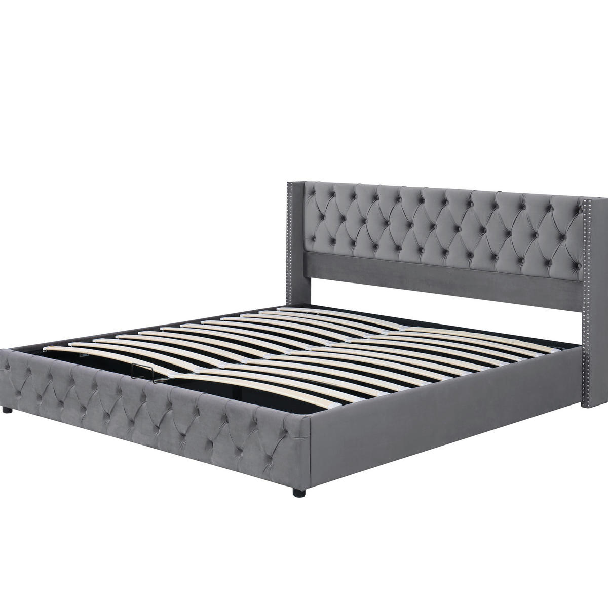 POLSTERBETT 140/200 cm Grau Samt mit hydraulischem Bettkasten und Kopfteil 94,5 cm - Grau, Holzwerkstoff (140/200cm) - OKWISH