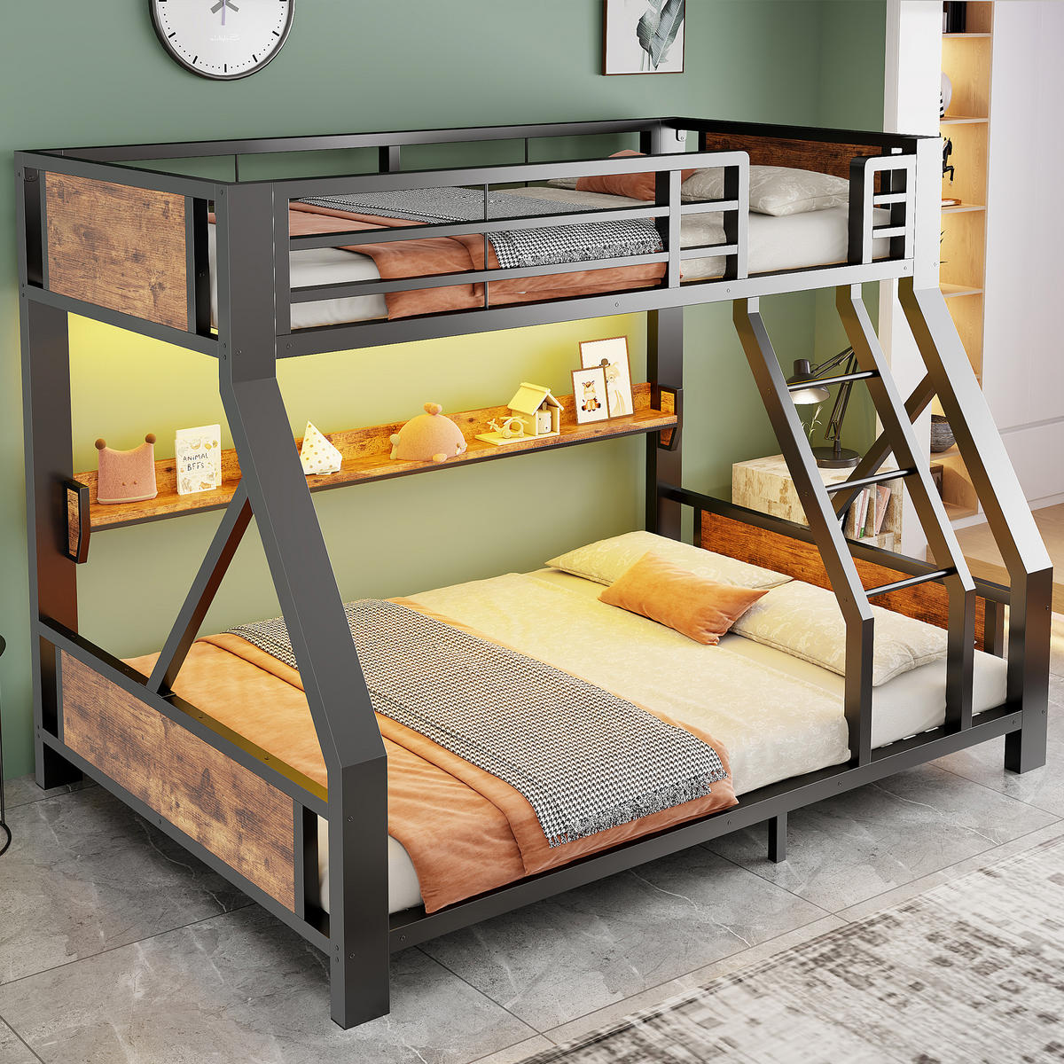 METALL-ETAGENBETT 90x200 / 140x200 cm mit LED, Schwarz - Schwarz, Holz (140/200cm) - FLIEKS