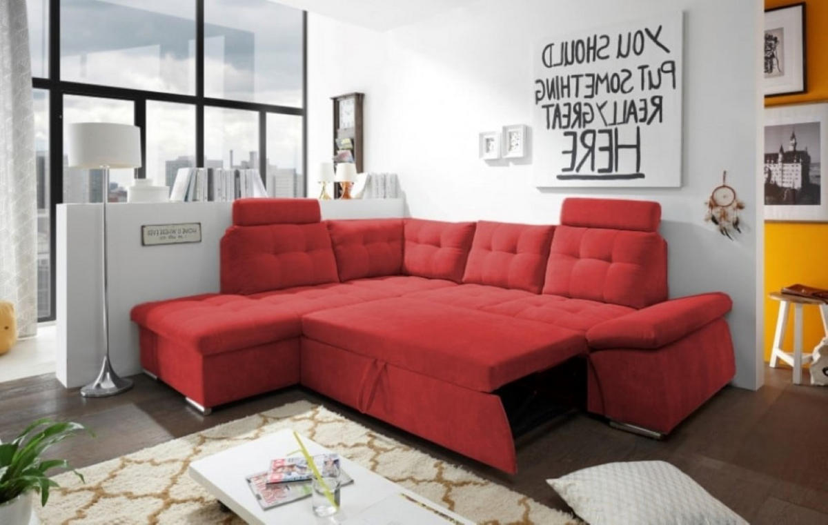 ECKSOFA mit Schlaffunktion, Bettkasten und verstellbarer Armlehne - Chromfarben/Rot, Textil (260/219cm) - ed exciting design