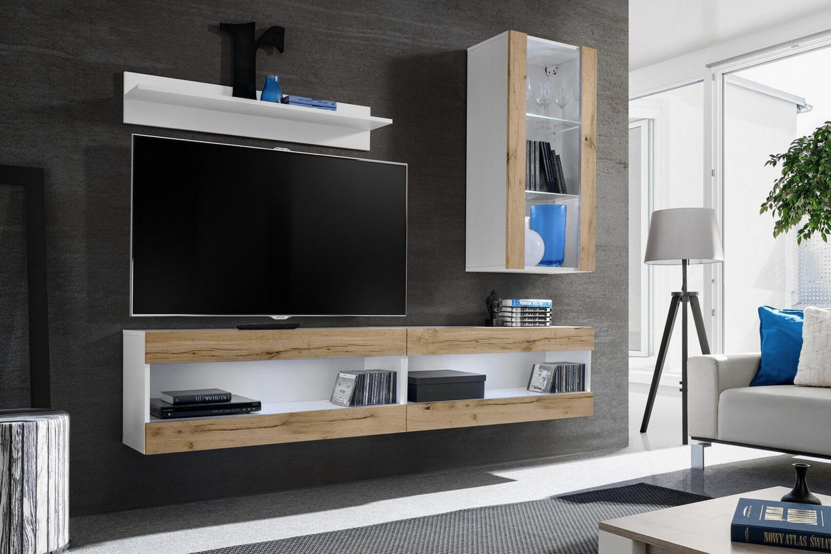 WOHNWAND 4-er Set, TIVOLI SET5 Weiß + Wotan, Offener Raum - Weiß/Braun, Glas/Holzwerkstoff (240/195/35cm) - Komodee