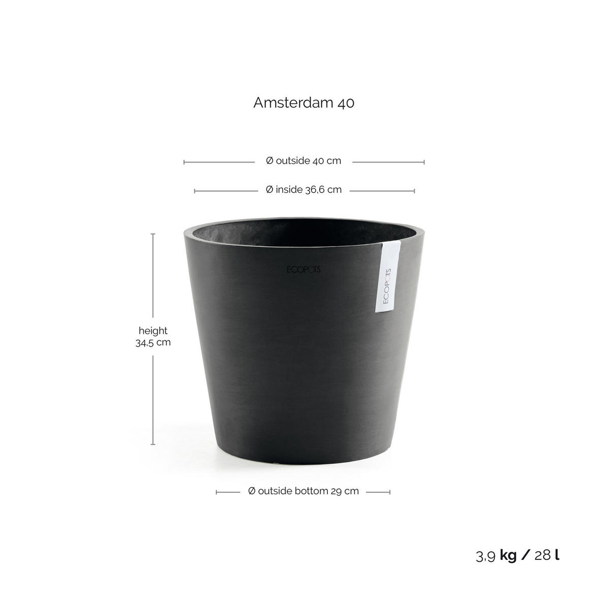 BLUMENTOPF Amsterdam 40/34,5 cm Dunkelgrau - Dunkelgrau, Kunststoff (40/34.5cm) - Ecopots