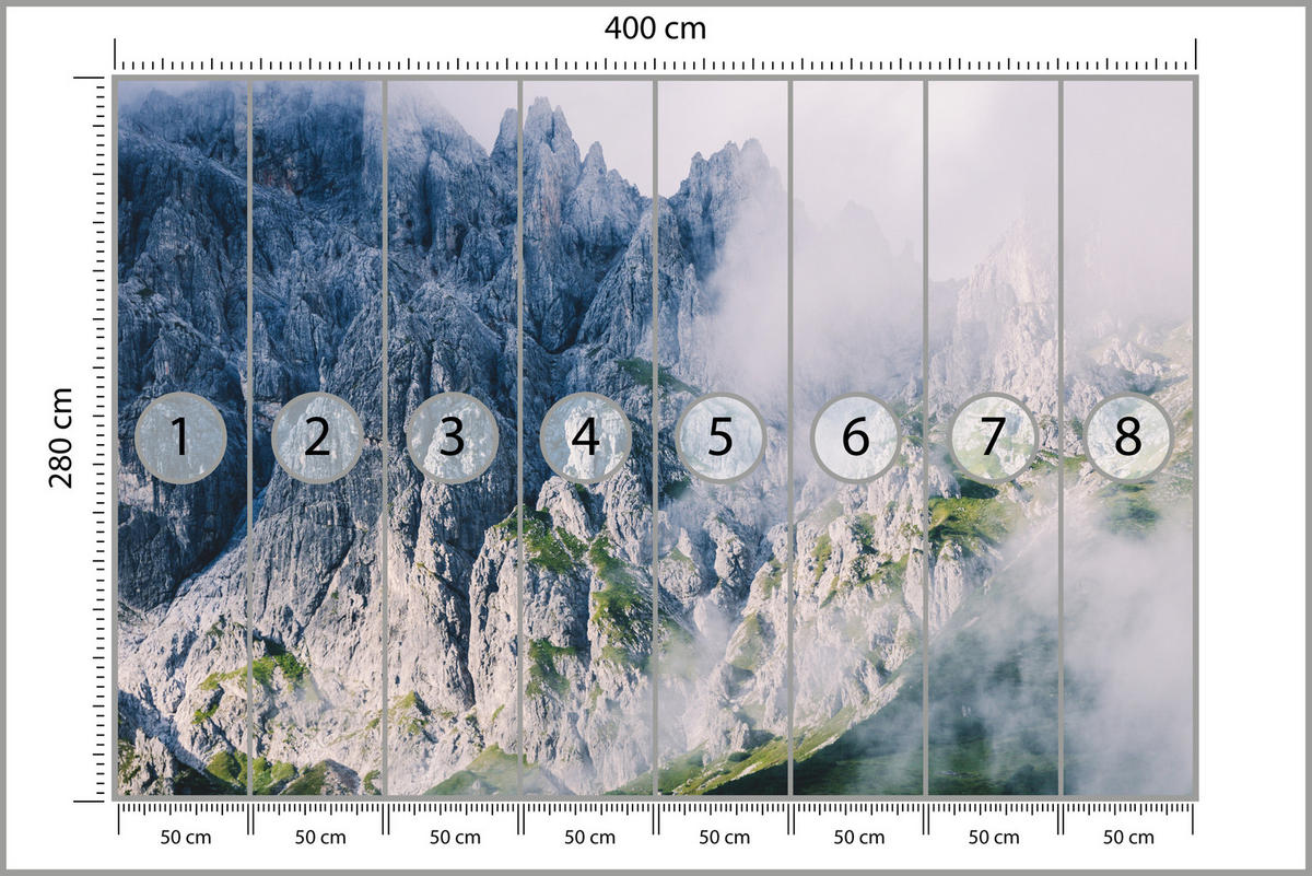 FOTOTAPETE für Wohnzimmer Felsige Berge Nebel Moos 400x280 - Blau/Weiß, Papier (400/280cm) - Muralo