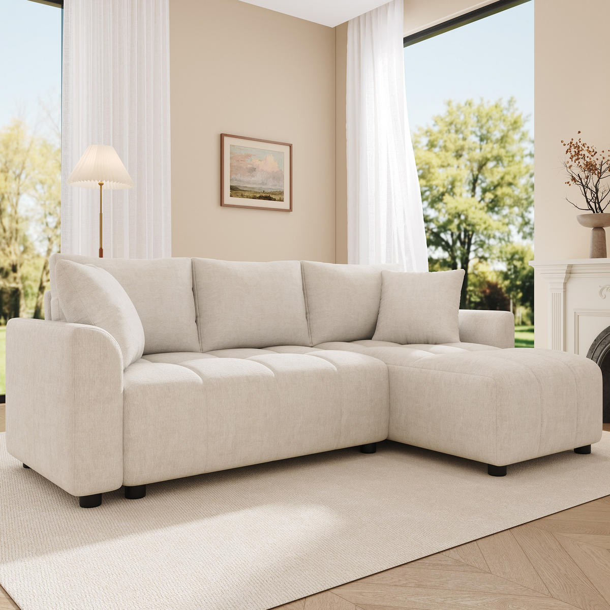 ECKSOFA 204/127/82.5 cm Beige Chenille mit 2 Zierkissen - Beige, Textil (204/127cm) - Oxeza