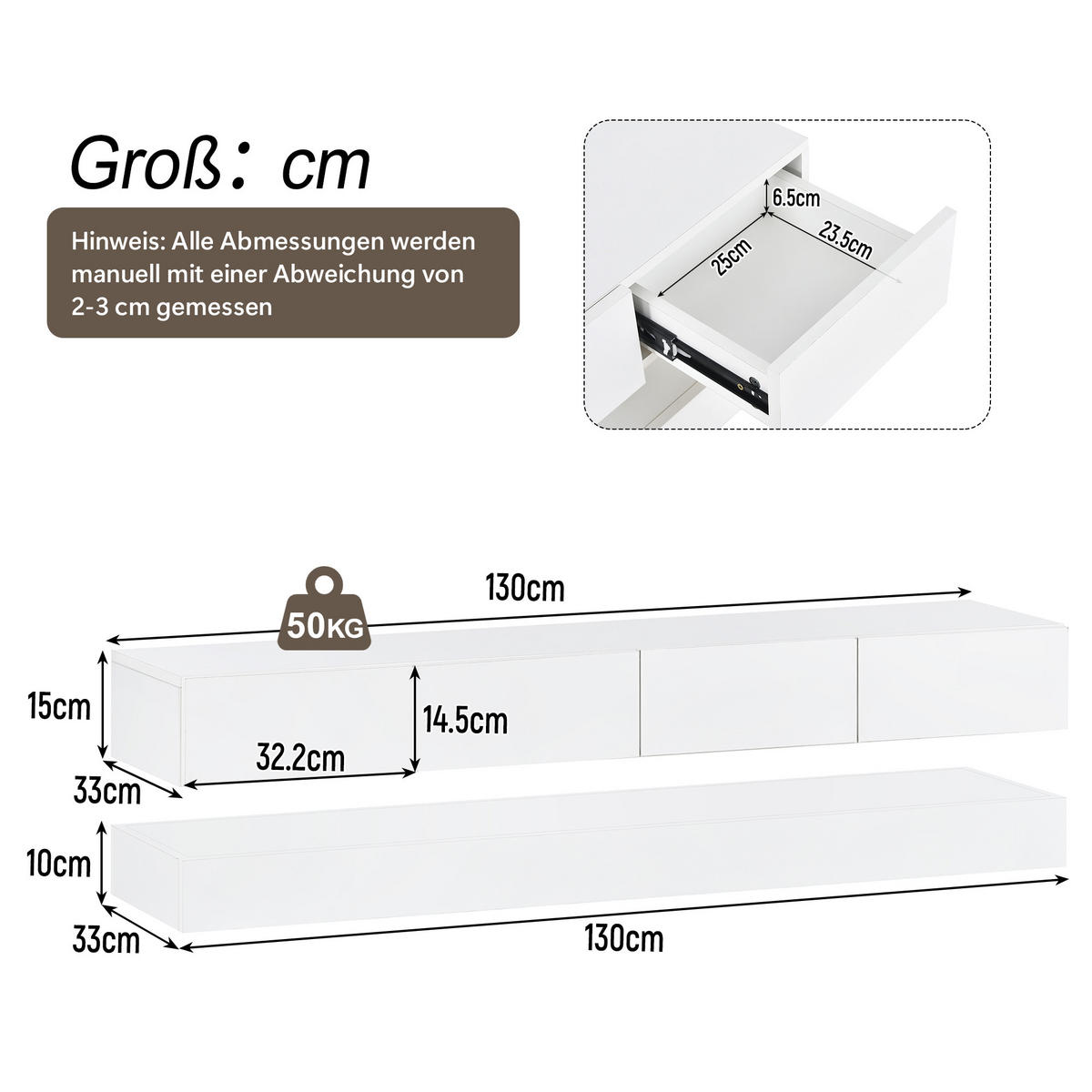 LOWBOARD DE-40567 Hängend mit 4 Schubladen und LED Weiß - Weiß, Holzwerkstoff (130/15/33cm) - ComfortXL
