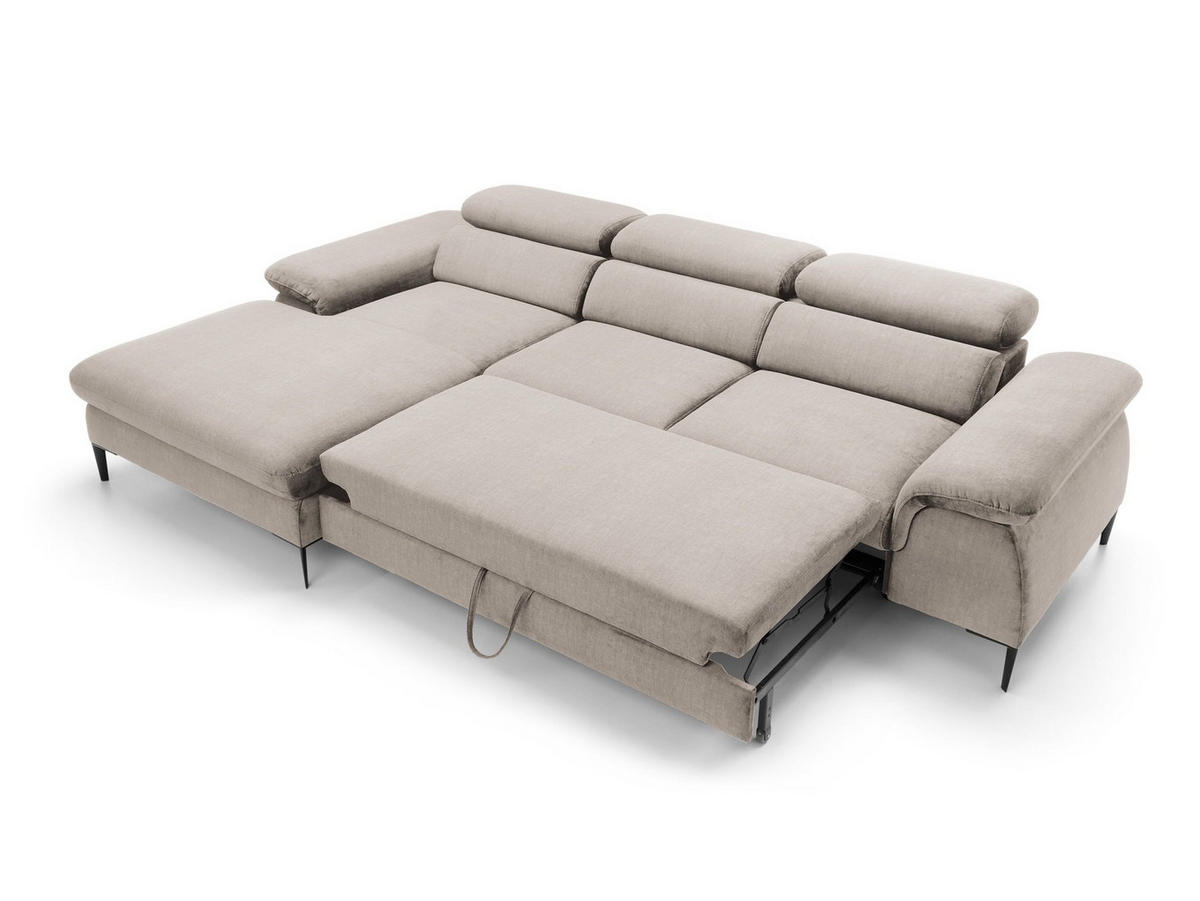 ECKSOFA MESTO Beige Velours-Stoff mit Schlaffunktion - Beige, Holz (288/182cm) - MASSENO