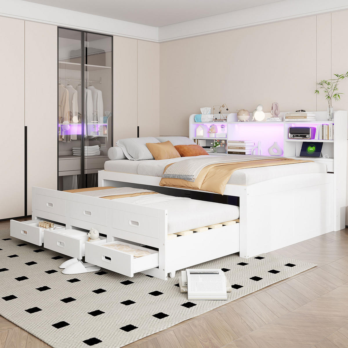 TAGESBETT 140/200 cm mit LED-Beleuchtung, 3 Schubladen und USB/Type-C in Weiß - Weiß, Holzwerkstoff (140/200cm) - BEAOK