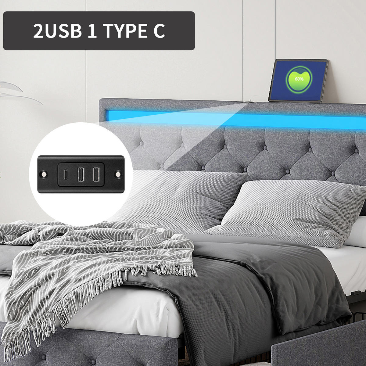 POLSTERBETT 180x200 cm mit Schubladen und LED-Beleuchtung,Doppelbett Grau - Grau, Holz (180/200cm) - PARAFTA HOME