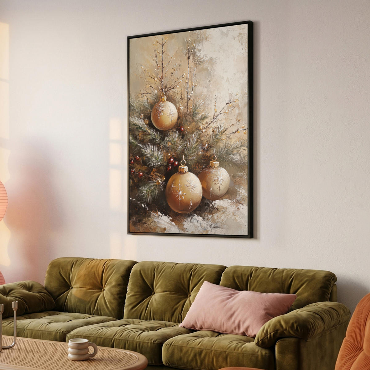 LEINWAND Bilder mit Rahmen - Weihnachten - Kugeln - Beige - Gold - 100x150 - Goldfarben, Textil (100/150cm) - MuchoWow