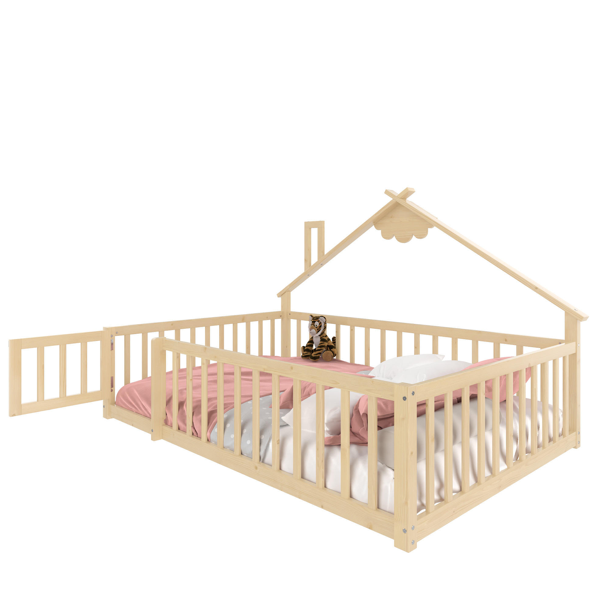 KINDERBETT Hausbett 140/190 cm aus Kiefernholz in Natur mit Sicherheitsgeländer - Naturfarben, Holz (140/190cm) - BEAOK