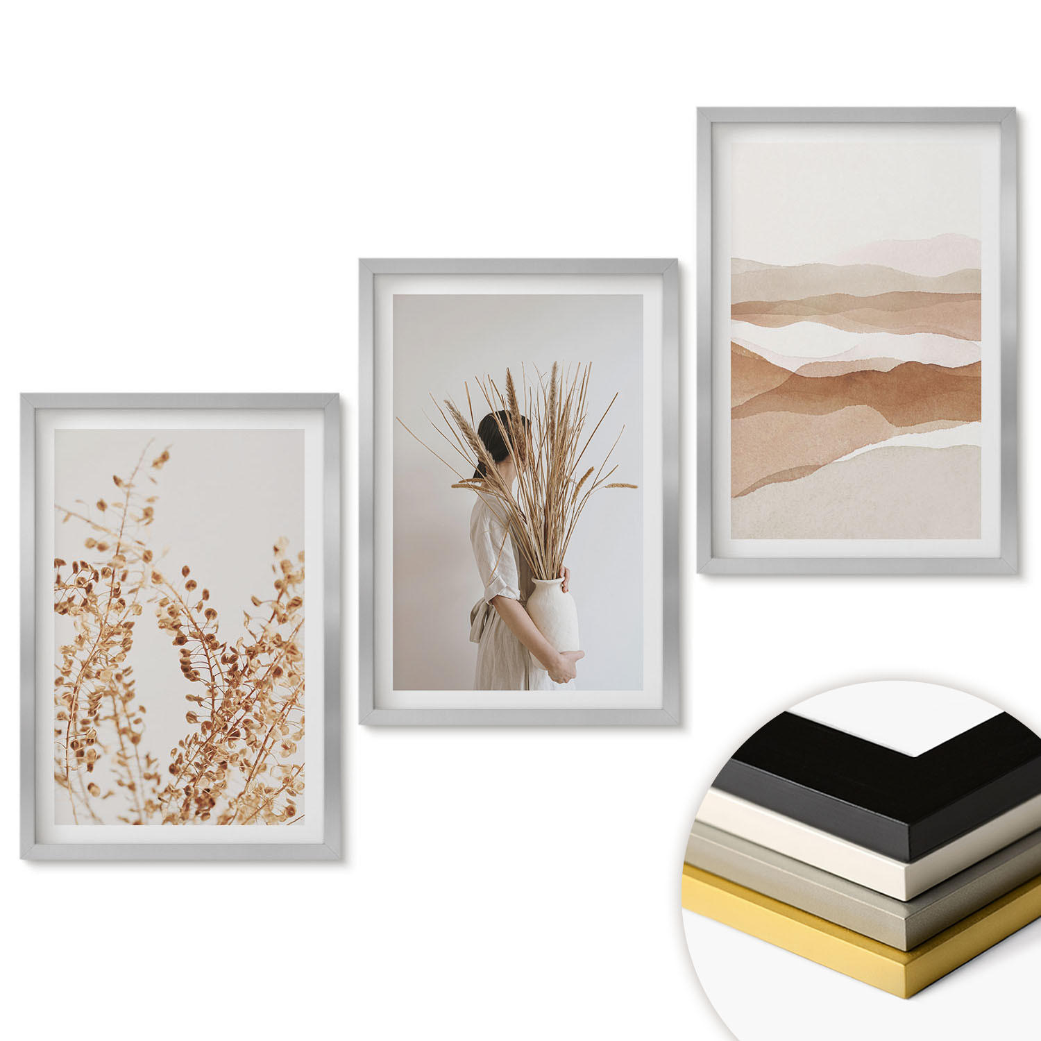 WANDBILDER 3er Set - 40x60 cm Silberner Rahmen - Rustikale Boho-Blumenmotive - Silberfarben, Kunststoff (40/60cm) - ArtPrintCave
