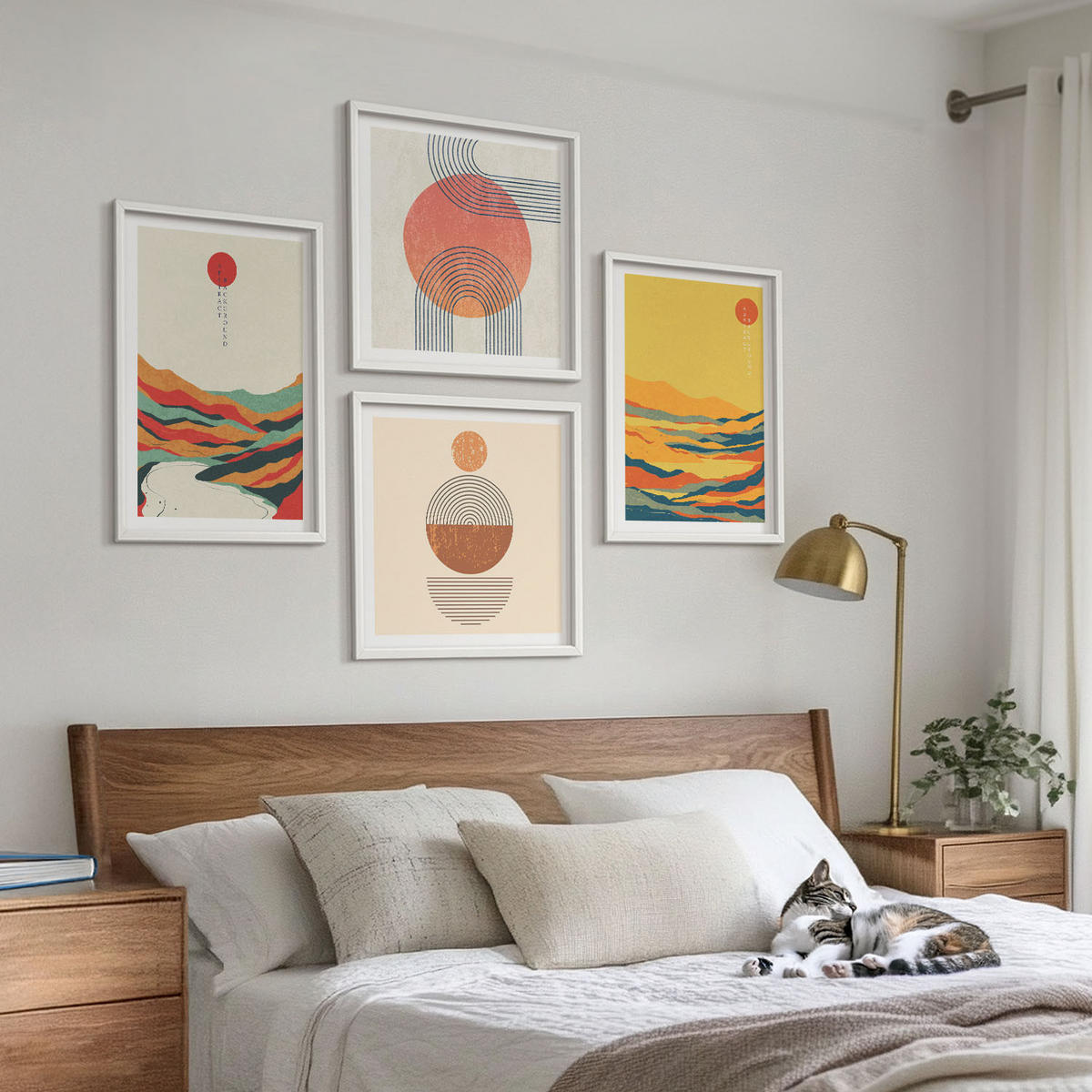 WANDBILDER 4er-Set - 50x50 cm & 40x60 cm Weißer Rahmen - Farbenfrohe Muster der Japandi-Flussberge - Weiß, Kunststoff (50/50cm) - ArtPrintCave