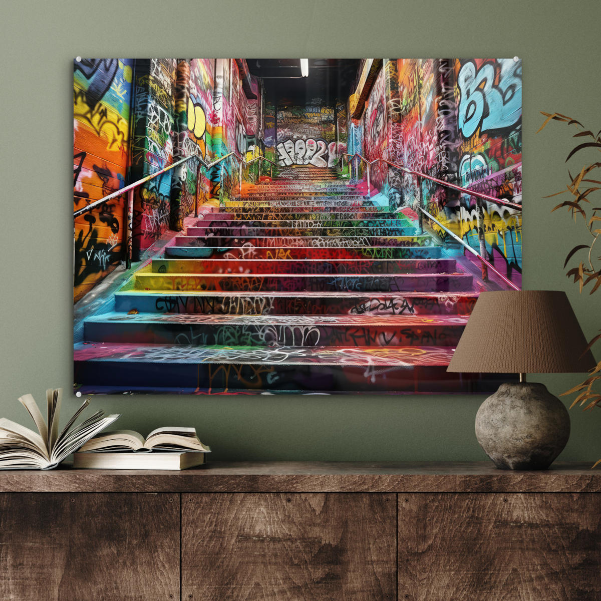 ACRYLGLASBILD Treppe - Graffiti - Farben - Kunst 80x60 cm - Multicolor, Glas (80/60cm) - MuchoWow