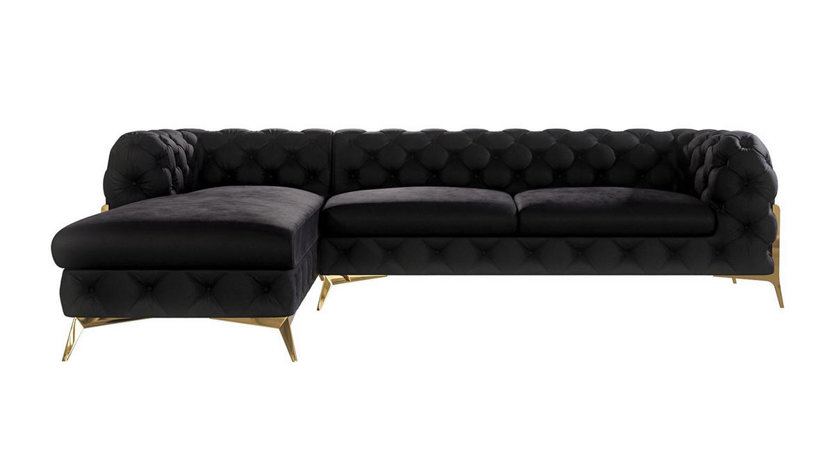 ECKSOFA Chesterfield Lexi Schwarz Samt, Ottomane links - Goldfarben/Schwarz, Holz/Textil (305/200cm) - S-Style Möbel