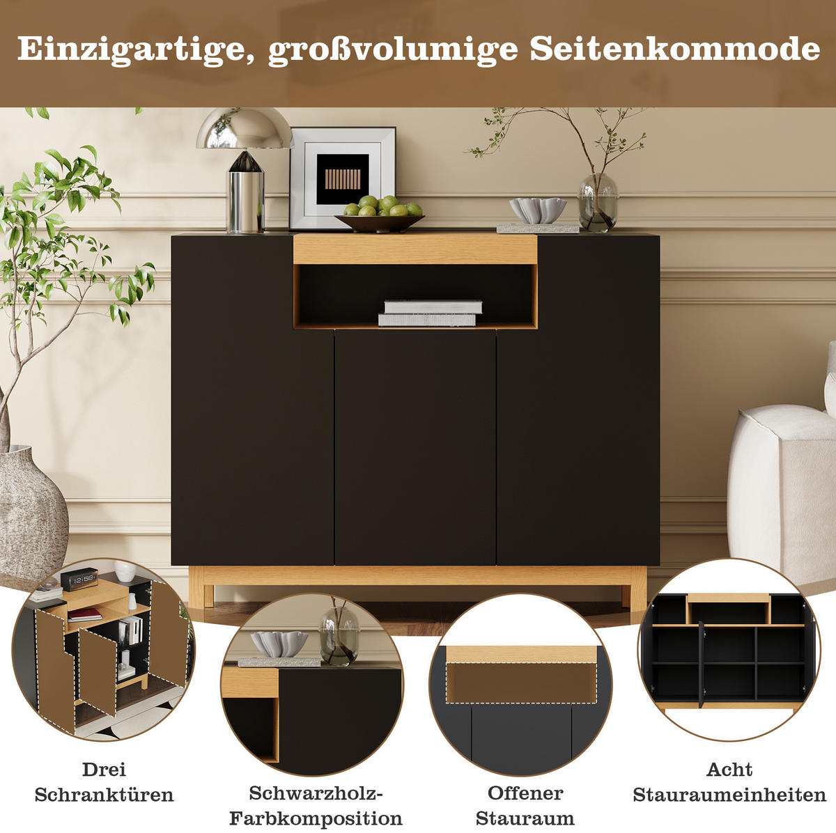 SIDEBOARD 120,5/42/96 cm aus Spanplatte mit 3 Türen und offenem Mittelfach Schwarz - Schwarz, Holzwerkstoff (120.5/96/42cm) - Modenvie
