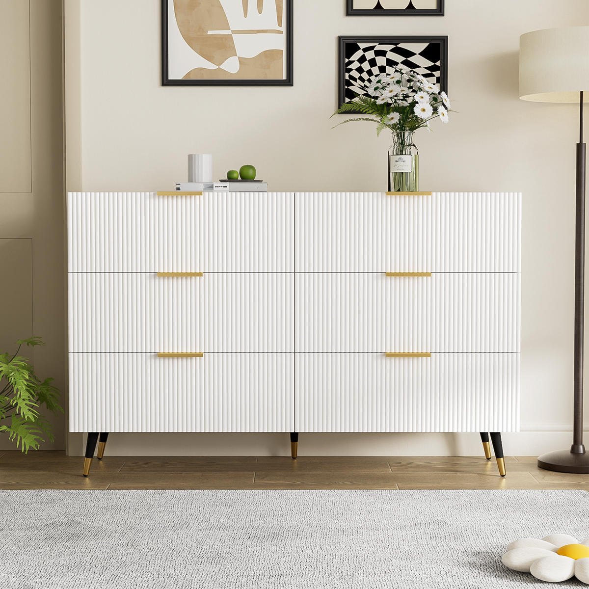 SIDEBOARD 120/77/40 cm Weiß aus Spanplatte mit 6 Schubladen - Weiß, Holzwerkstoff (40/77/120cm) - OKMYHOME