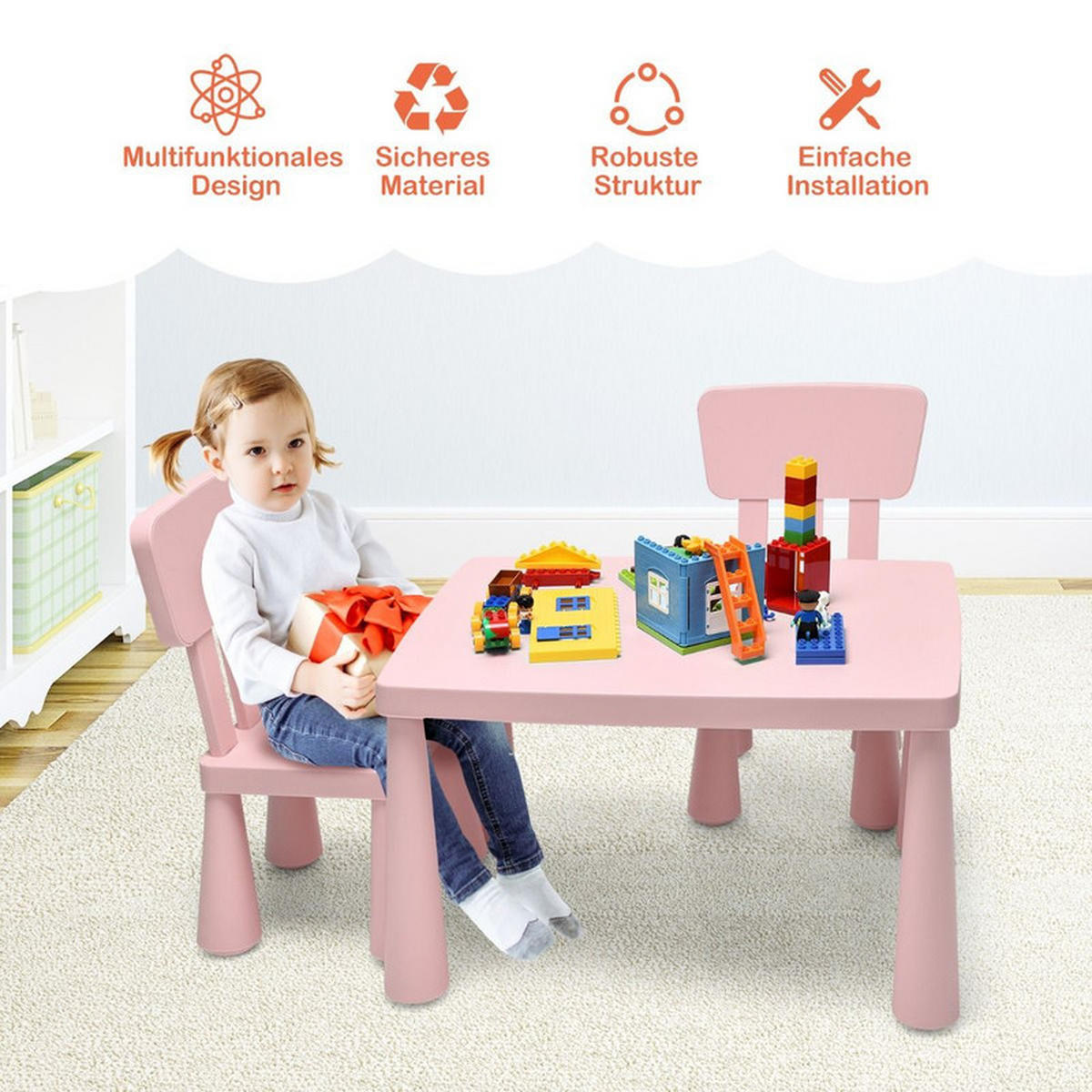 KINDERTISCH mit 2 Stühlen rosa(3-tlg) - Pink, Kunststoff (76.5/49.5/54.5cm) - COSTWAY
