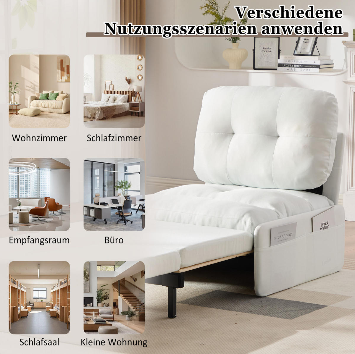 SCHLAFSESSEL 81,5/195/90 cm als 2-in-1 Ausziehbett mit Leinenbezug und Seitentaschen, Weiß - Weiß, Kunststoff (195/90/81.5cm) - Redom
