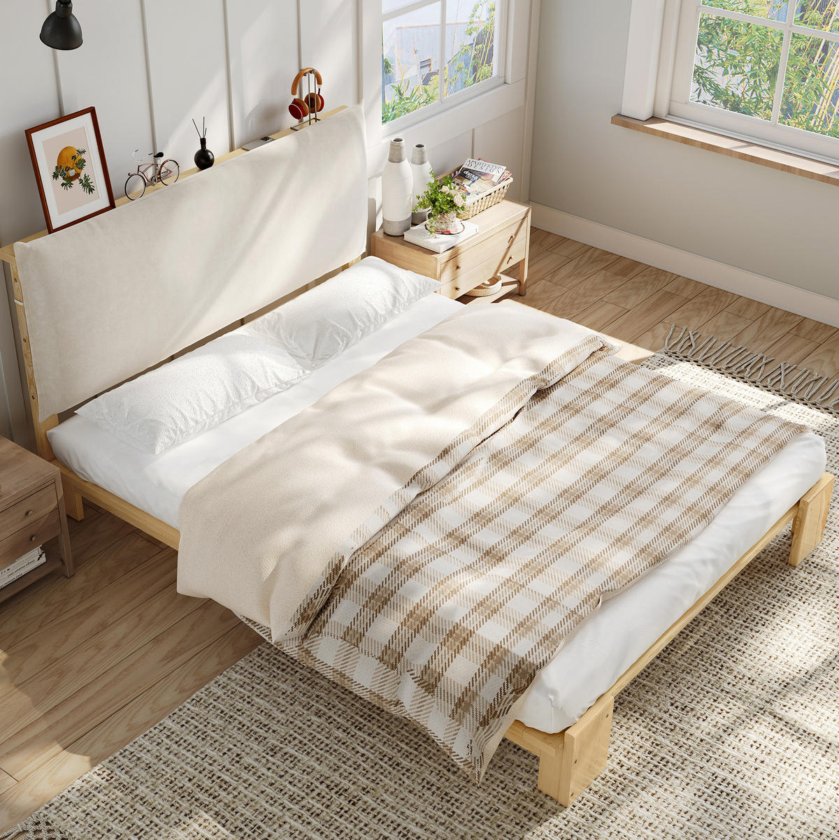 ČALÚNENÁ posteľ z dreva a látky 140x200 cm prírodná s polstrovaným čelom, pevnými lamelovými roštami a stabilnou konštrukciou - prírodná farba, textil (140/200cm) - Modfu