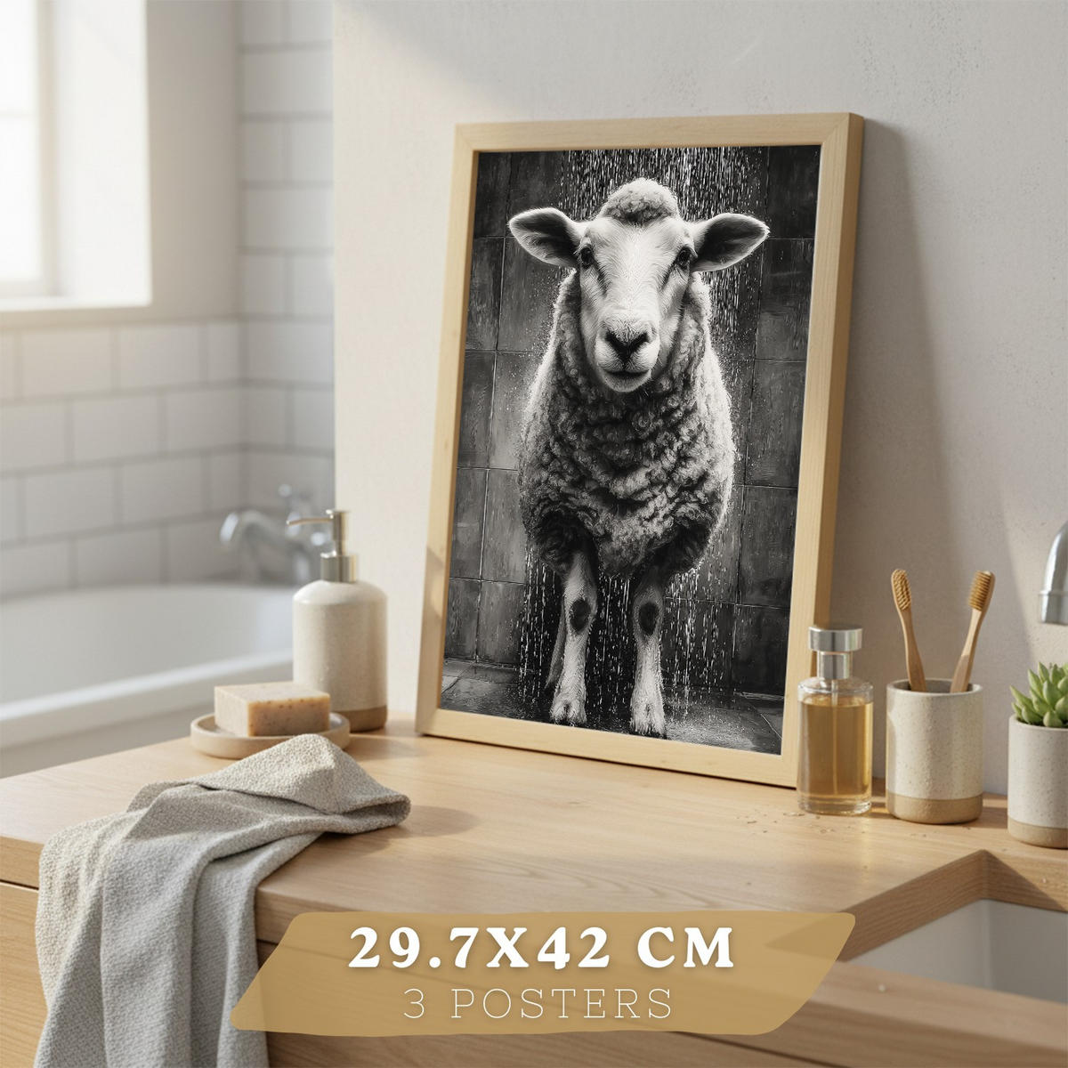 PLAKÁT Sada 3 vtipných černobílých tisků Světlý dřevěný rám A3 - béžová, papír (42/29.7/3cm) - Nacnic