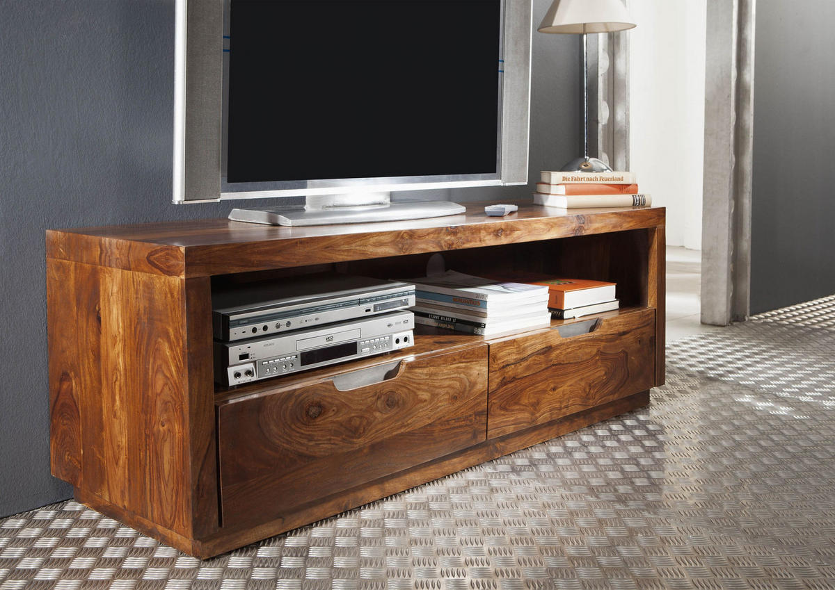 TV-BOARD Sheesham 140x45x50 walnuss lackiert DUKE #122 - Dunkelbraun, Holz (140/50/45cm) - Massivmoebel24
